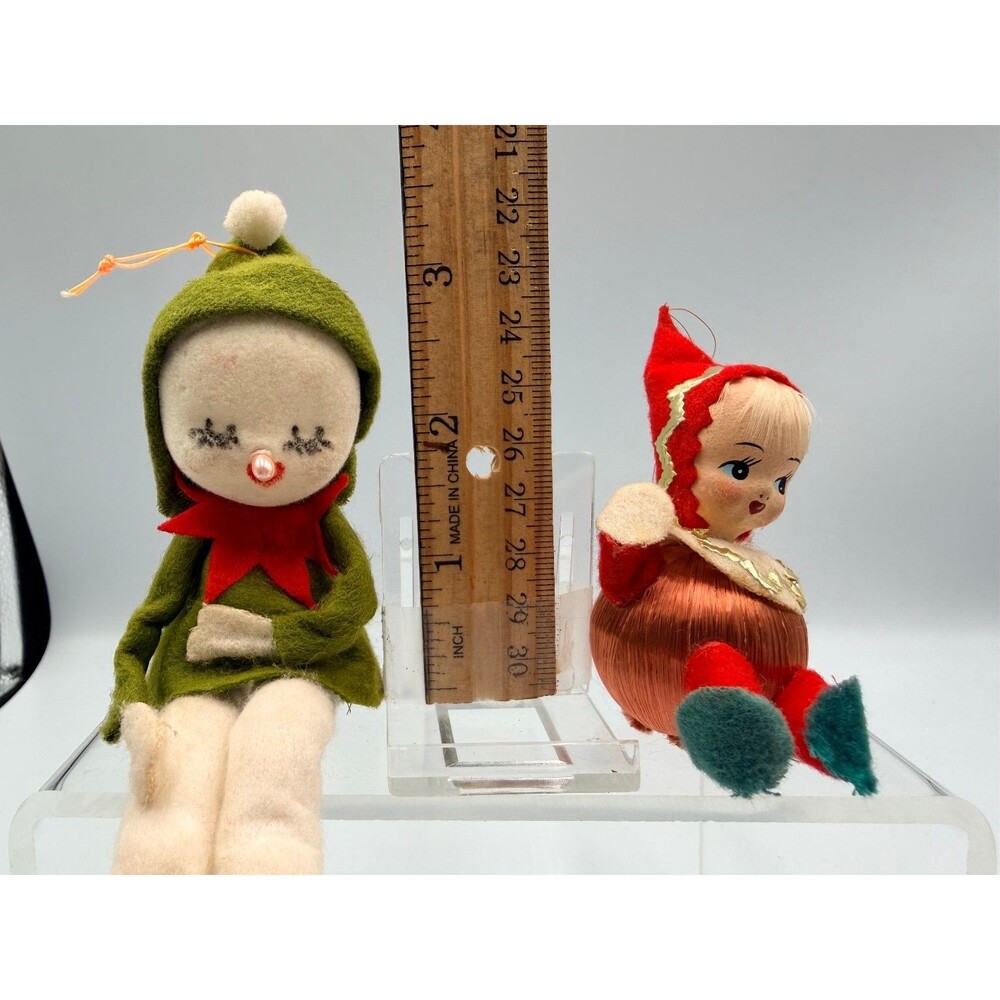 Vintage 2 Felt Gnome Shelf Sitter Dangling Legs JAPAN Felt Christmas Ornaments